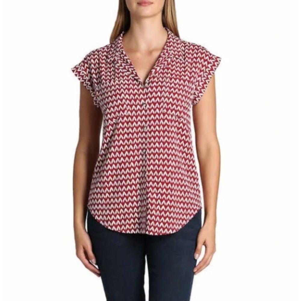 NWT Jachs Girlfriend Red with White, Cap Sleeved Button down Collared Blouse, XL